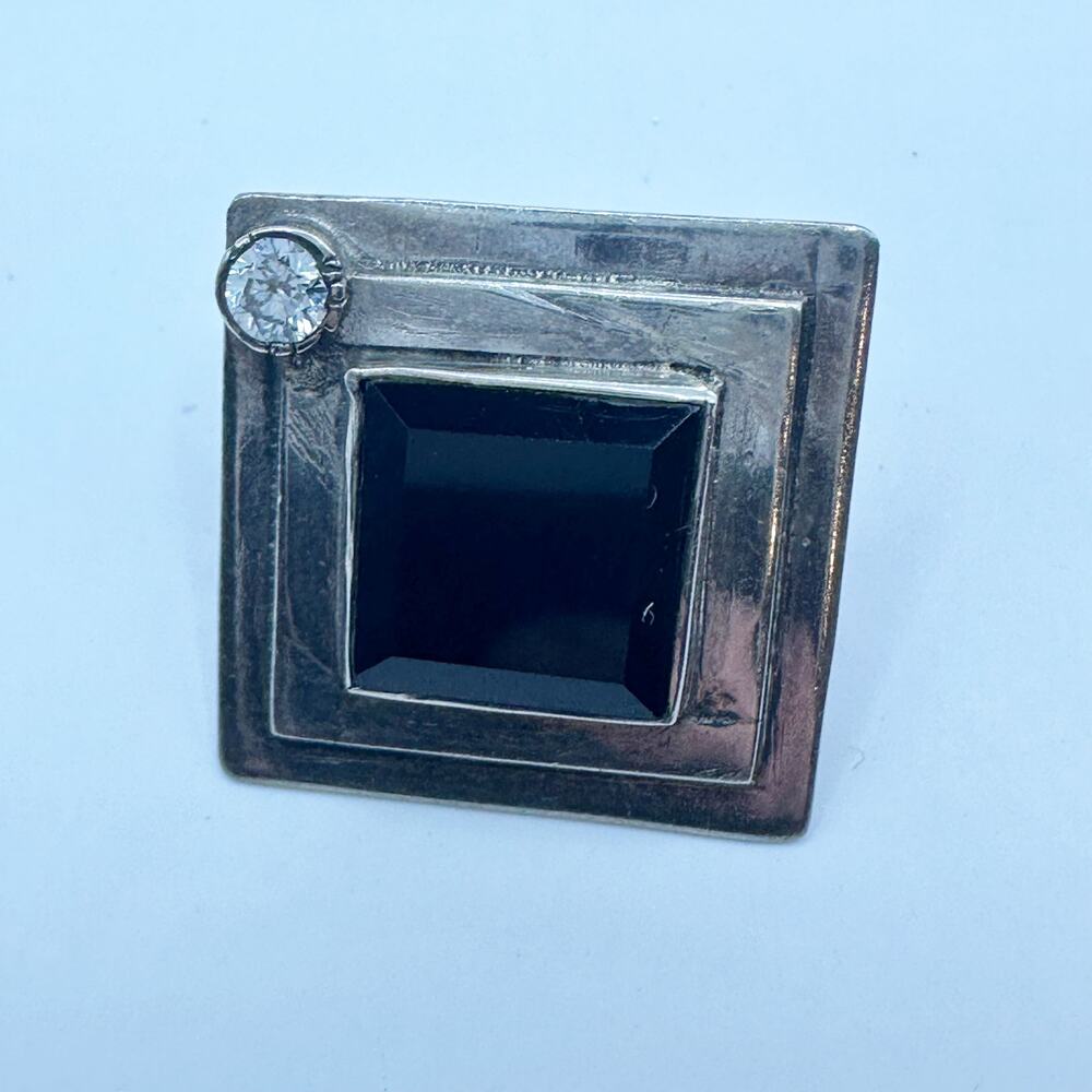 Single Pierced Earring Silver Black Onyx Cubic Zirconia Square Boho